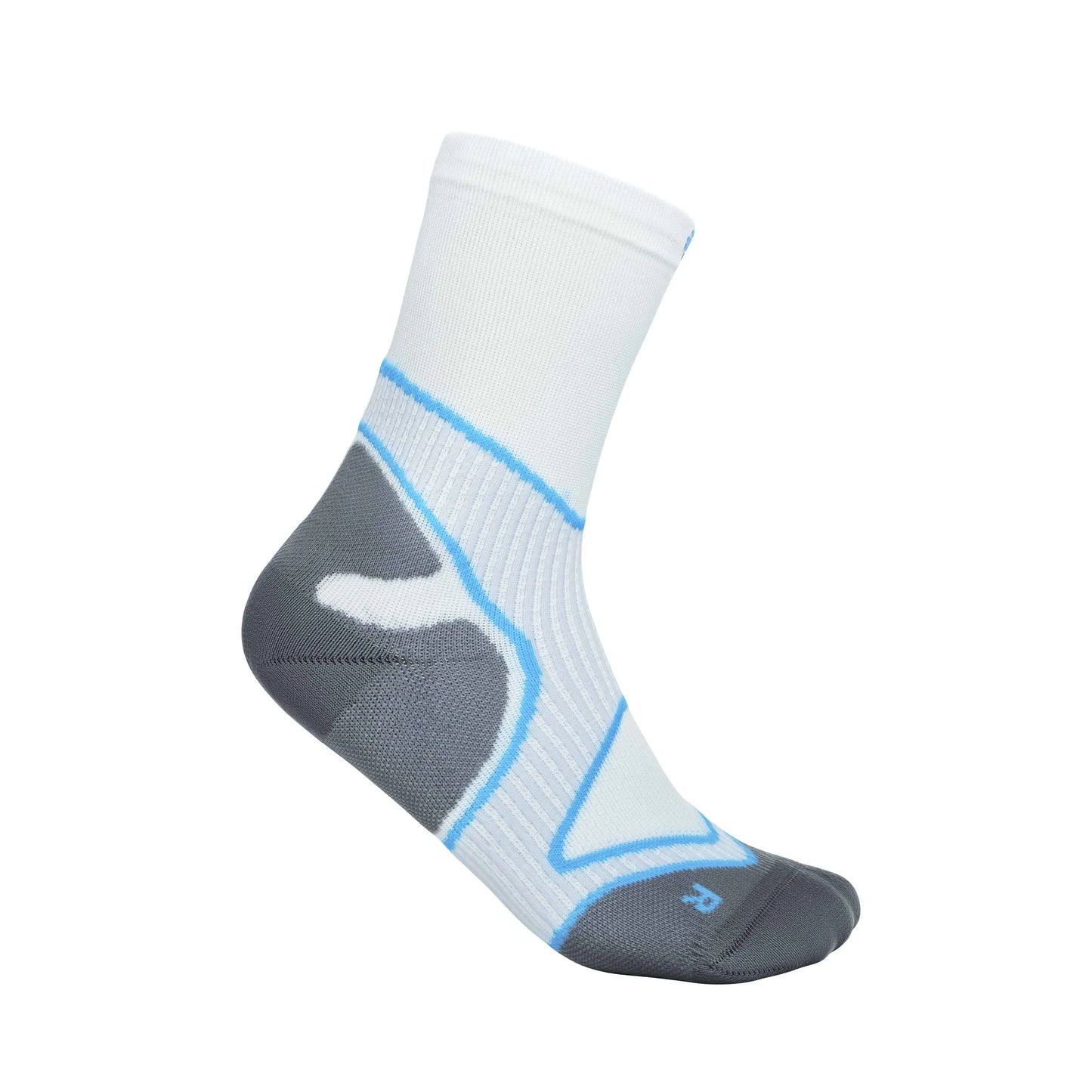 Das Bild zeigt die Bauerfeind Run Performance Mid Cut Socks, sportliche, mittelhohe Kompressionssocken. Die Socken reichen bis knapp über den Knöchel und sind für Läufer entwickelt, um während des Trainings optimalen Halt und Unterstützung zu bieten. Der Fussbereich ist gepolstert, besonders an den Zehen und der Ferse, um Druckstellen und Blasenbildung zu verhindern.