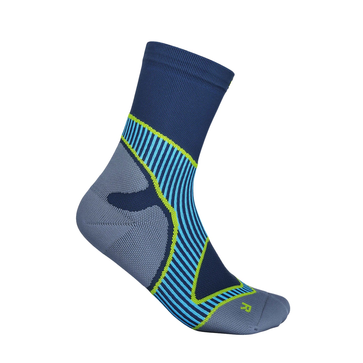 Das Bild zeigt die Bauerfeind Run Performance Mid Cut Socks, sportliche, mittelhohe Kompressionssocken. Die Socken reichen bis knapp über den Knöchel und sind für Läufer entwickelt, um während des Trainings optimalen Halt und Unterstützung zu bieten. Der Fussbereich ist gepolstert, besonders an den Zehen und der Ferse, um Druckstellen und Blasenbildung zu verhindern.