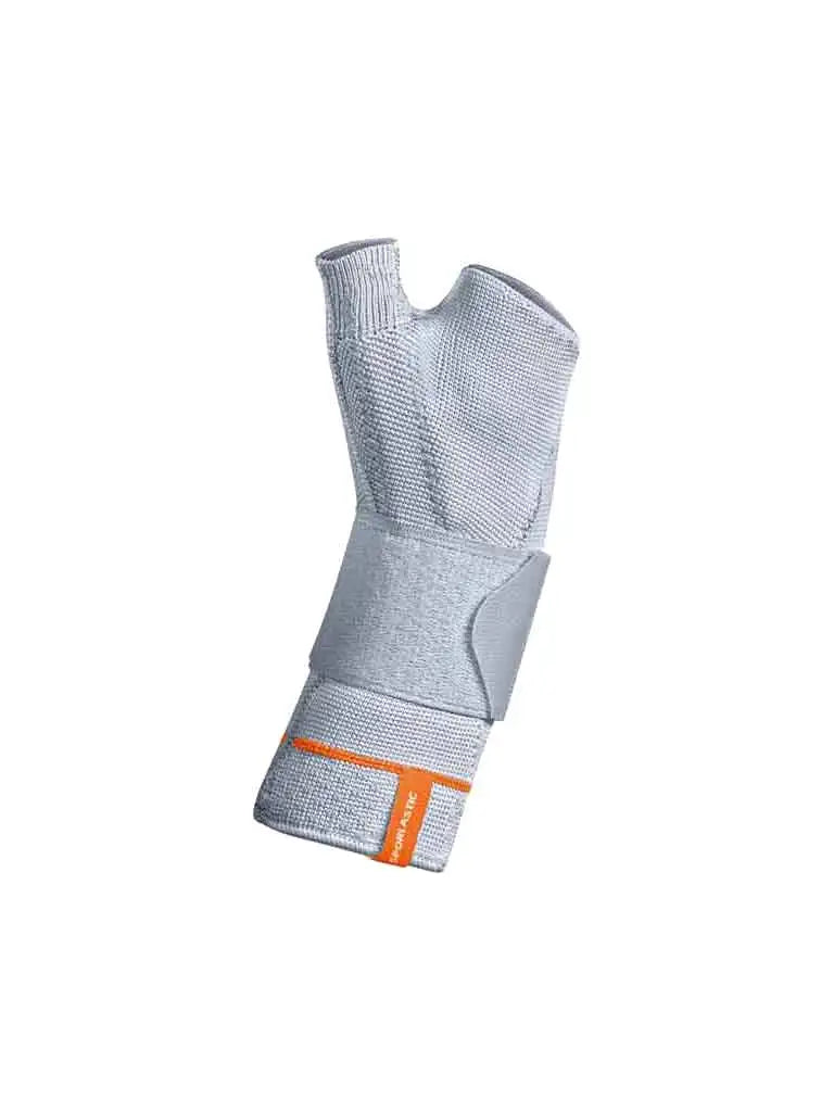 Die Abbildung zeigt die Sporlastic ManuDyn Pollex Bandage, eine spezialisierte Bandage zur Stabilisierung von Handgelenk und Daumen. Sie besteht aus elastischem, atmungsaktivem Material und ist anatomisch geformt, um eine präzise Passform zu gewährleisten. Die Bandage verfügt über integrierte Stabilisierungsstäbe, die sowohl das Handgelenk als auch den Daumen fixieren und unterstützen.